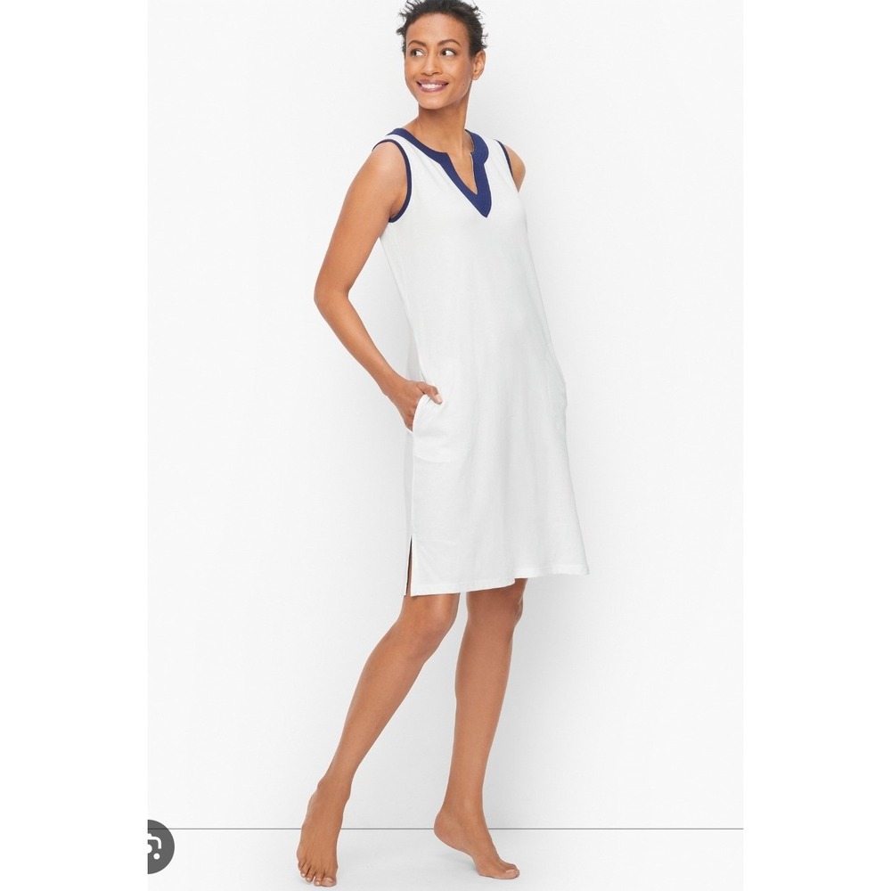 Talbots Trapunto Cover up Dress‎ Womens Sz L White Navy trim Resortwear pockets
